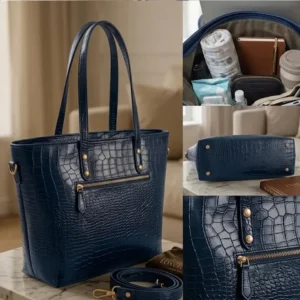 Product feature showcase collage of Vibe Totes blue crocodile leather shoulder bag and tote bag