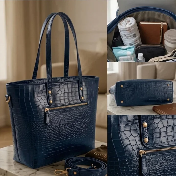 Product feature showcase collage of Vibe Totes blue crocodile leather shoulder bag and tote bag