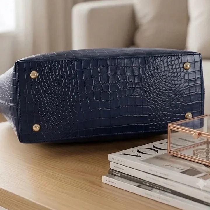 Bottom view of Vibe Totes blue crocodile leather tote bag highlighting protective metal feet studs