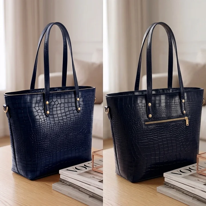 Vibe Totes blue crocodile textured leather tote bag for women - front view elegant shoulder bag in Pakistan
