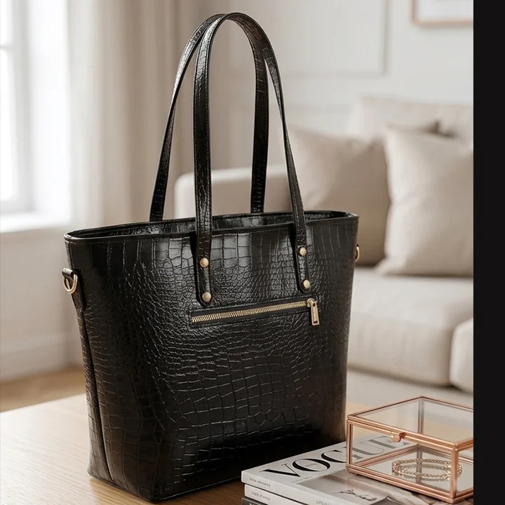 Back view of Vibe Totes black crocodile leather shoulder bag featuring a secure horizontal zipper pocket