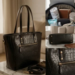 Product feature showcase collage of Vibe Totes black crocodile leather shoulder bag and tote bag