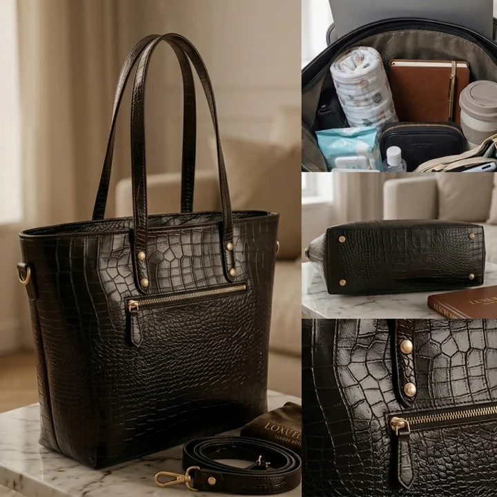 Product feature showcase collage of Vibe Totes black crocodile leather shoulder bag and tote bag