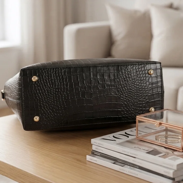Bottom view of Vibe Totes black crocodile leather tote bag highlighting protective metal feet studs