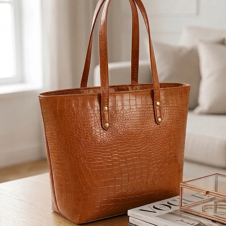 Vibe Totes brown crocodile textured leather tote bag for women - front view elegant shoulder bag in Pakistan