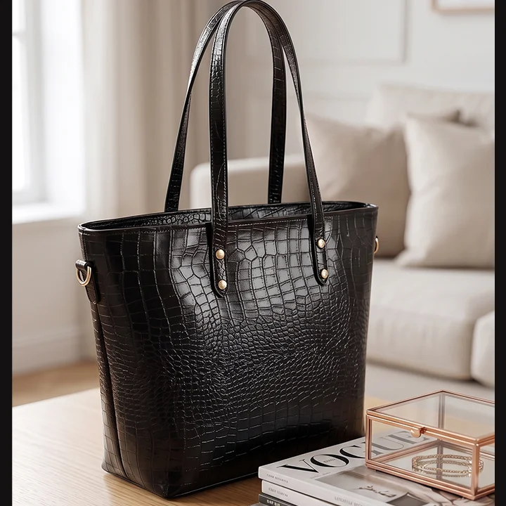 Vibe Totes black crocodile textured leather tote bag for women - front view elegant shoulder bag in Pakistan