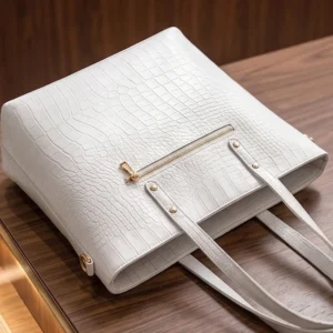 Back view of Vibe Totes white crocodile leather shoulder bag featuring a secure horizontal zipper pocket