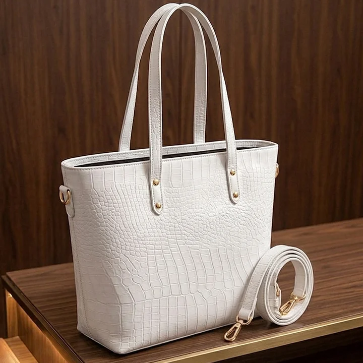 Vibe Totes white crocodile textured leather tote bag for women - front view elegant shoulder bag in Pakistan