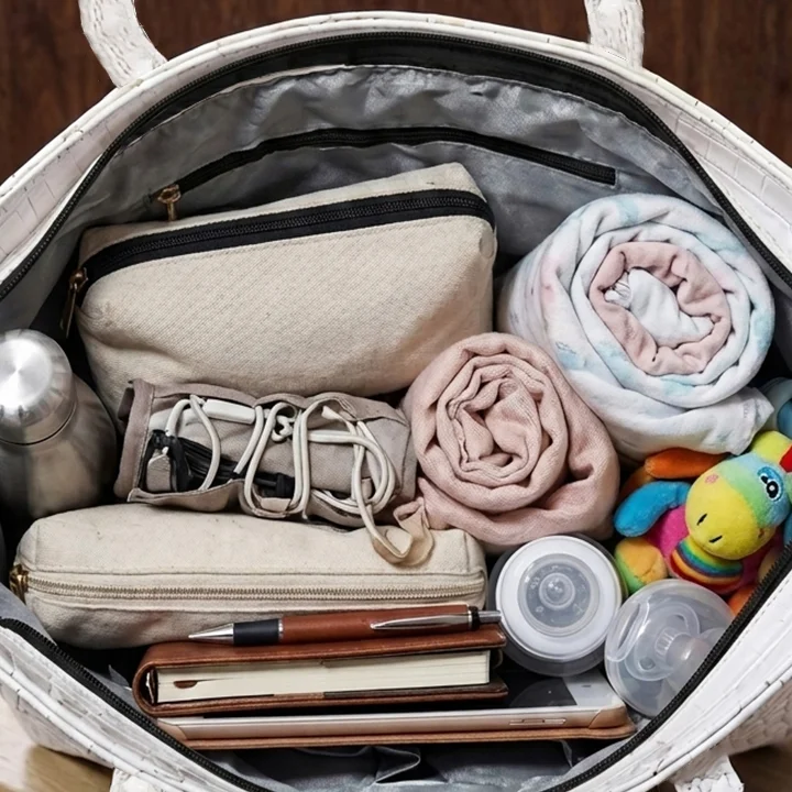 Spacious interior organizer of Vibe Totes white crocodile leather handbag showing daily essentials and pockets