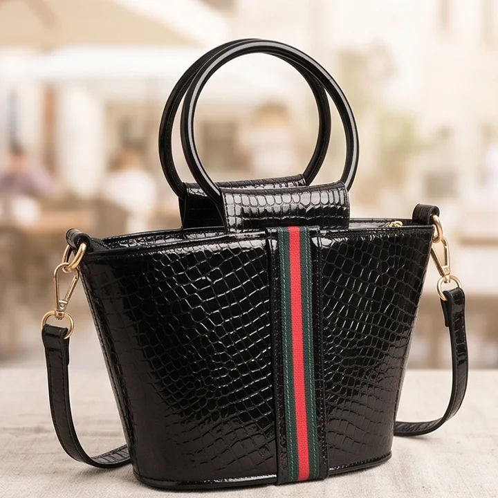 glossy black crocodile texture crossbody bag