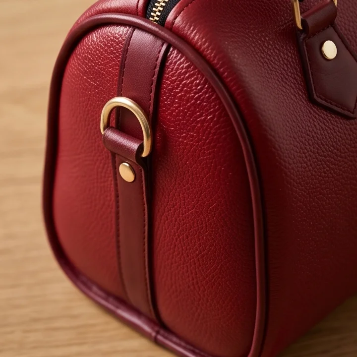 Red top grain leather duffle bag (close up view)for women – stylish ladies handbag in Pakistan by Vibetotes