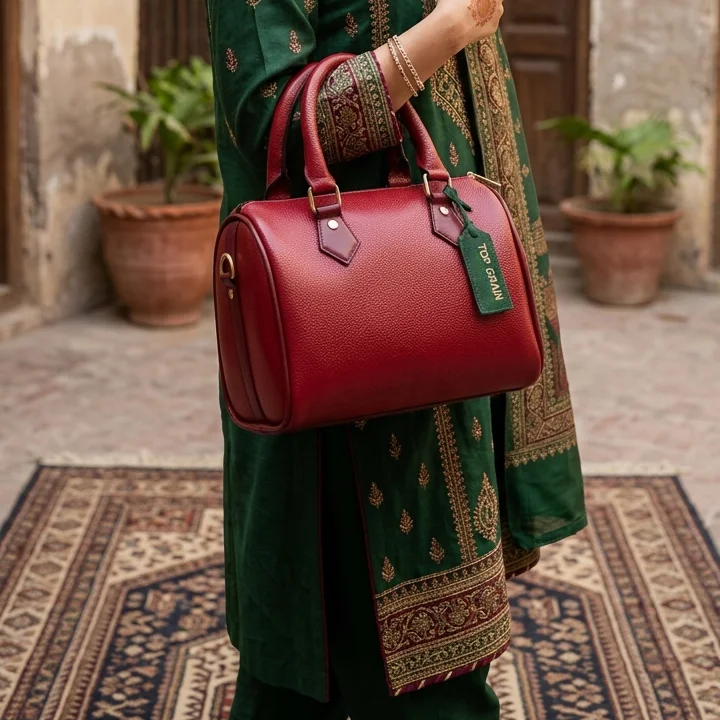 Model carrying Red leather duffle bag for women – elegant ladies bag in Pakistan