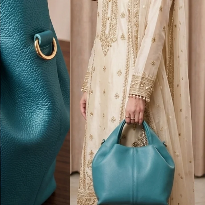 Slouch Hobo Handbag aqua blue model carrying it and showing it by Vibe Totes