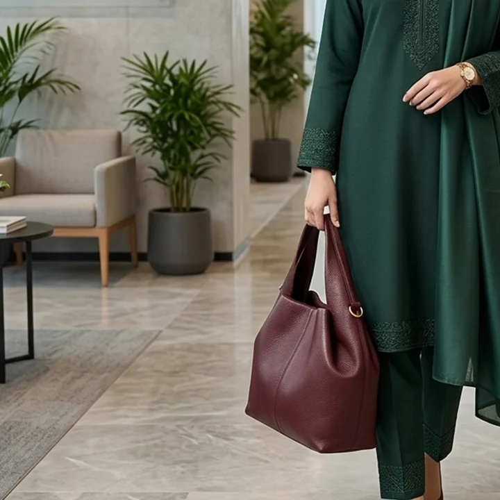 Slouch Hobo Handbag Maroon model carrying it and showing it by Vibe Totes