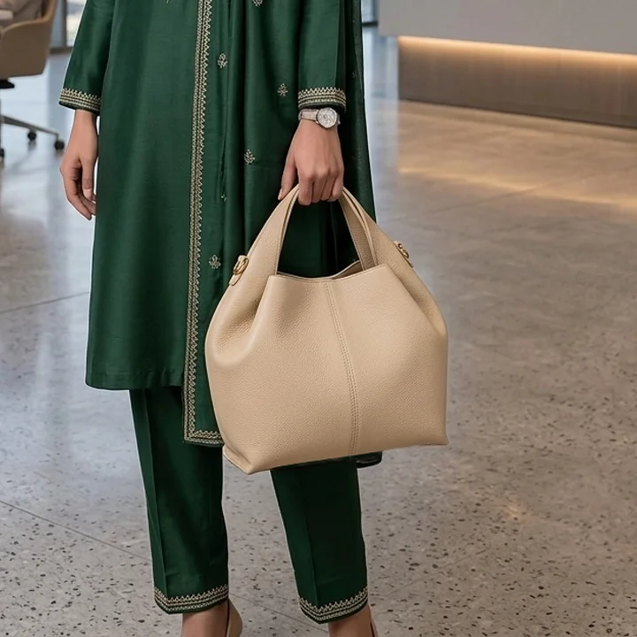 Slouch Hobo Handbag Off White color model carrying it and showing it by Vibe Totes