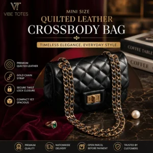 black quilted mini crossbody ladies bag main view with gold chain strap and turn-lock closure – Vibe Totes