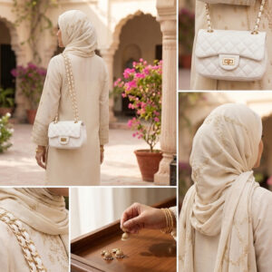 Woman carrying a white quilted mini crossbody ladies bag with gold chain strap – Vibe Totes