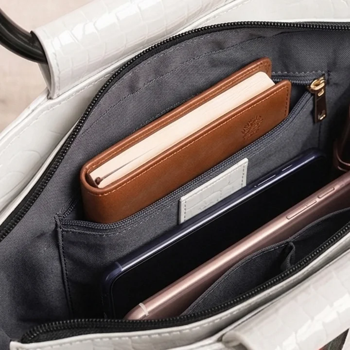 open interior view of a Vibe Totes white patent crossbody bag showing organized compartments, perfect for versatile crossbody bags.