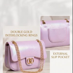 Front and back view of ladies pink crossbody bag featuring interlocking gold ring lock and back slip pocket by Vibe Totes